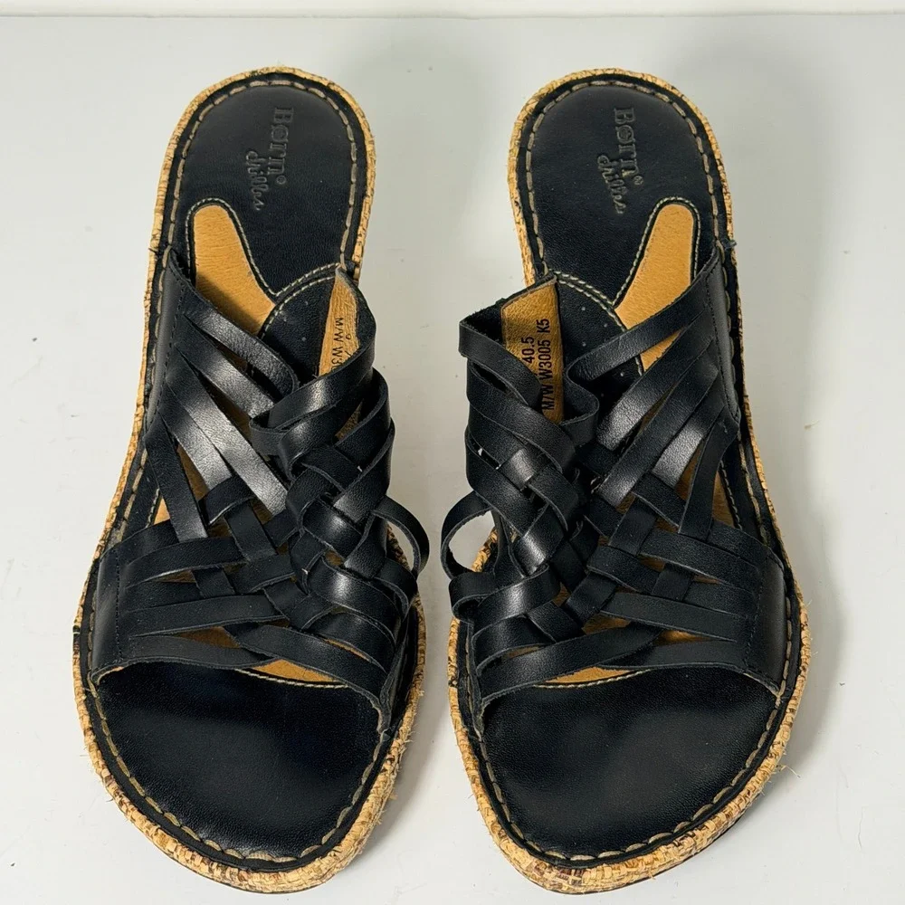 Born Drilles Woven Wedge Sandals Womens Size 9 Black Leather Raffia Boho‎